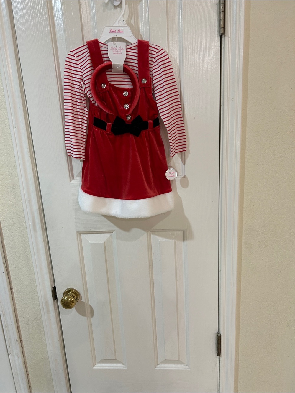 Little Lass Red Velvet Santa-Inspired Dress with Striped Top and velvet head ban